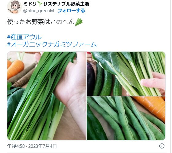 実際のツイートのスクリーンショット。「使ったお野菜はこのへん」という文章と野菜セットの画像。